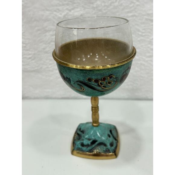 Vintage Enamel On Brass And Glass Insert Kiddish Cup Made in Israel - Picture 2 of 13